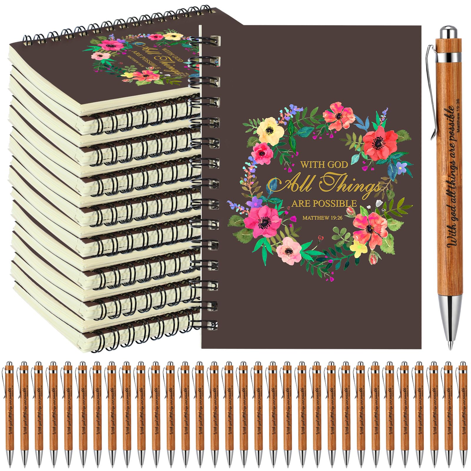 100 Pcs Christian Gifts Notebook With God All Things Are Possible Matthew 19: 26 and Bible Bamboo Ballpoint Pen Inspirational Scripture Notepad Church Thanksgiving Party Favor Gift