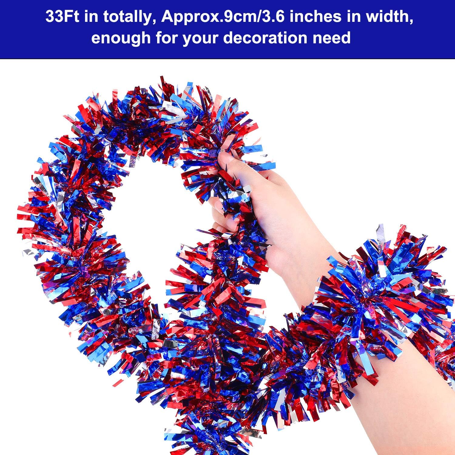 33FT Patriotic Glitter Tinsel Garland Decoration 4th of July Party Decor Red White and Blue Twist Tinsel Garland Decoration for Tree Car Float Bike Party Table Yard Door Holiday Indoor Outdoor Home
