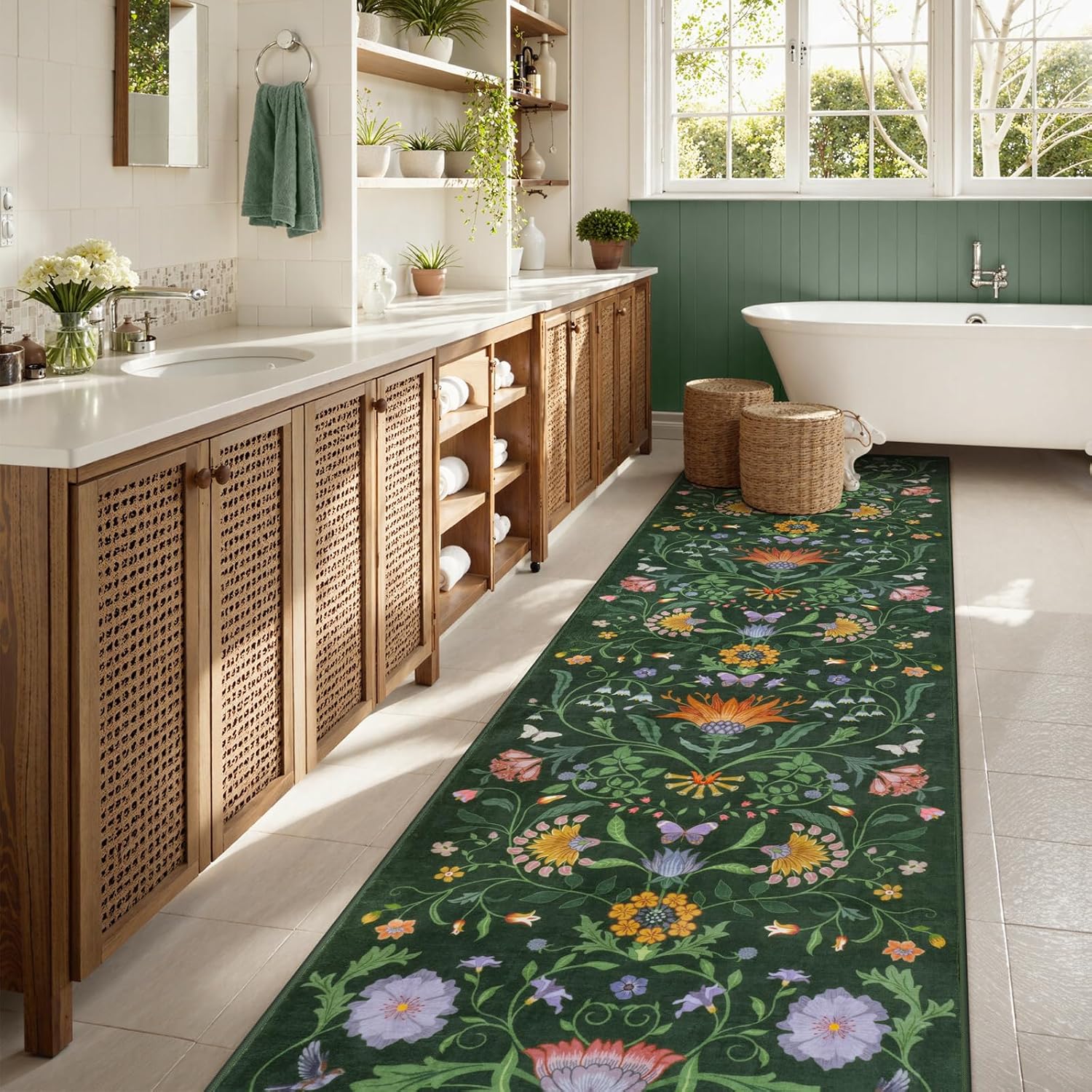 Collive Washable Runners for Hallway 2.6 x 10ft, Green Spring Boho Floral Kitchen Rugs Vintage Non Slip Entryway Runners Rug, Low Pile Soft Modern Bedroom Carpets for Laundry Room, Entrance