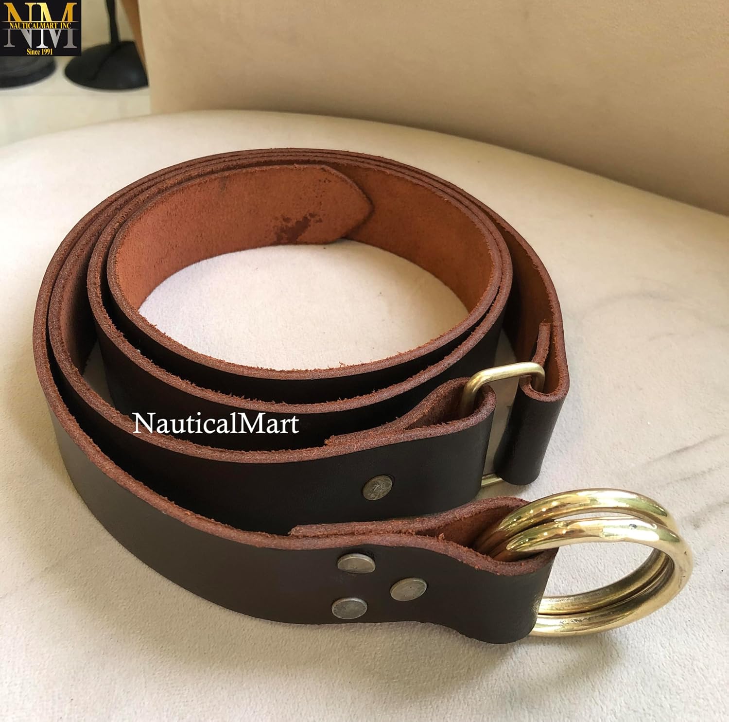 NauticalMart Medieval leather belt with double brass O ring Brown, reenactment, larp