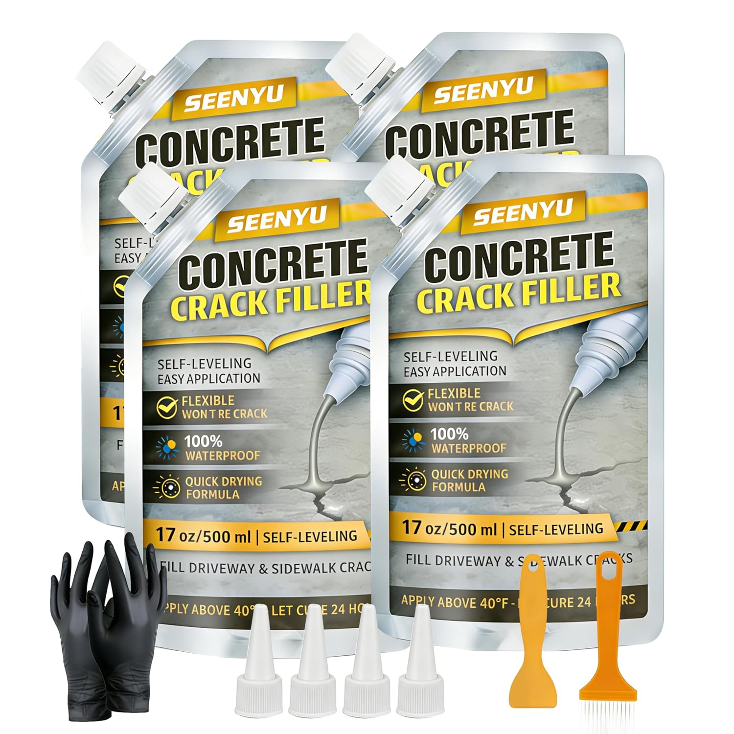 Concrete Cement Crack Filler Self-Leveling Sealant, Waterproof Fast-Drying Concrete Sealer Repair, Flexible Easy DIY Crack Seal Gule for Driveway, Sidewalk, Patio, Garage Floor, Asphalt - 4PACK