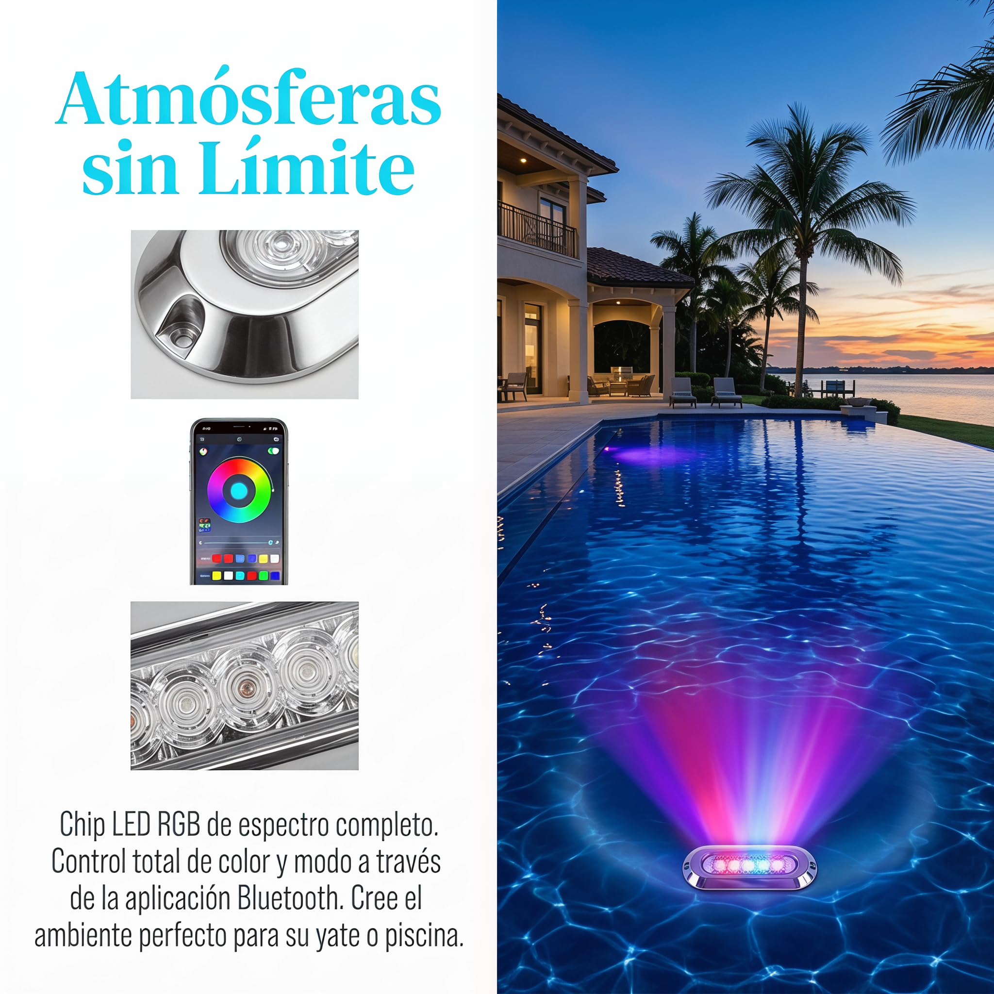 BARCELONA LED RGB Unterwasser LED Strahler 30W 12V IP68 für Boote, marine Edelstahl AISI 316L, wasserdichter nautischer Scheinwerfer, Poolbeleuchtung multicolor Unterwasserlicht