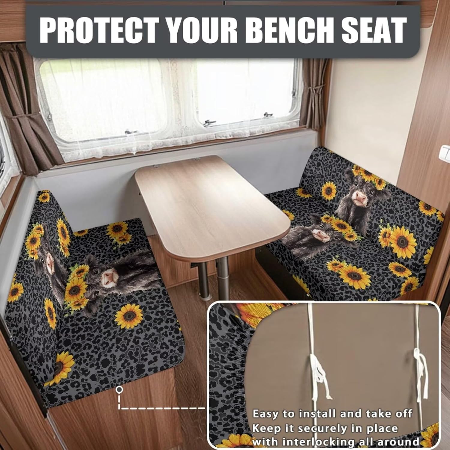 Highland Cow RV Dinette Cushion Covers Leopard Print Sunflower RV Stretch Sofa Seat Slipcovers Universal RV Sofa Covers Include 1 Bench and Backrest Cover Camper Accessories