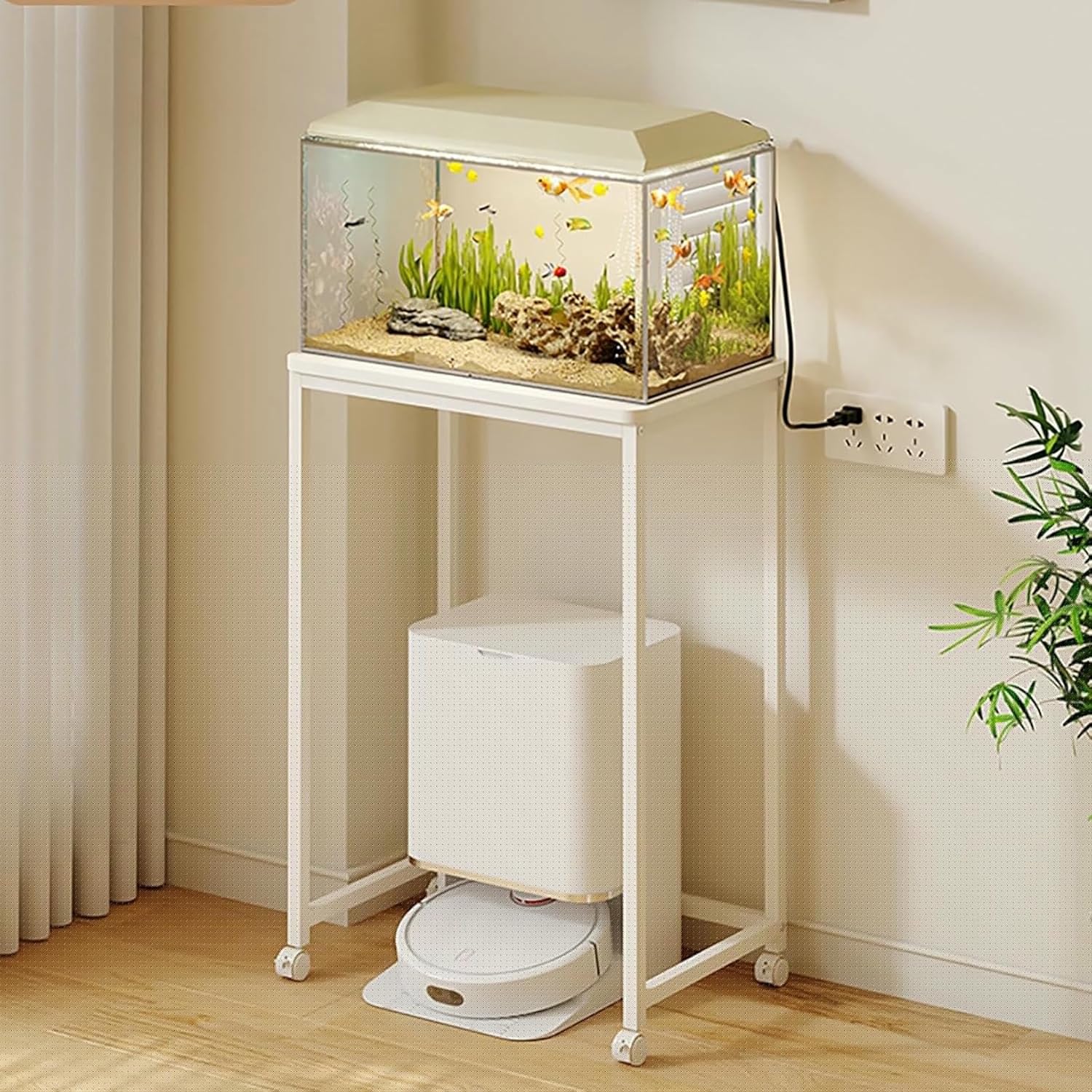 Storage Rack Above The Sweeping Robot,Robot Vacuum Stand Cabinet,Double-Tier Mobile Sweeper Robot Storage Cabinet Shelf with Wheels,Freestanding Rack,Space-Saving Organizer