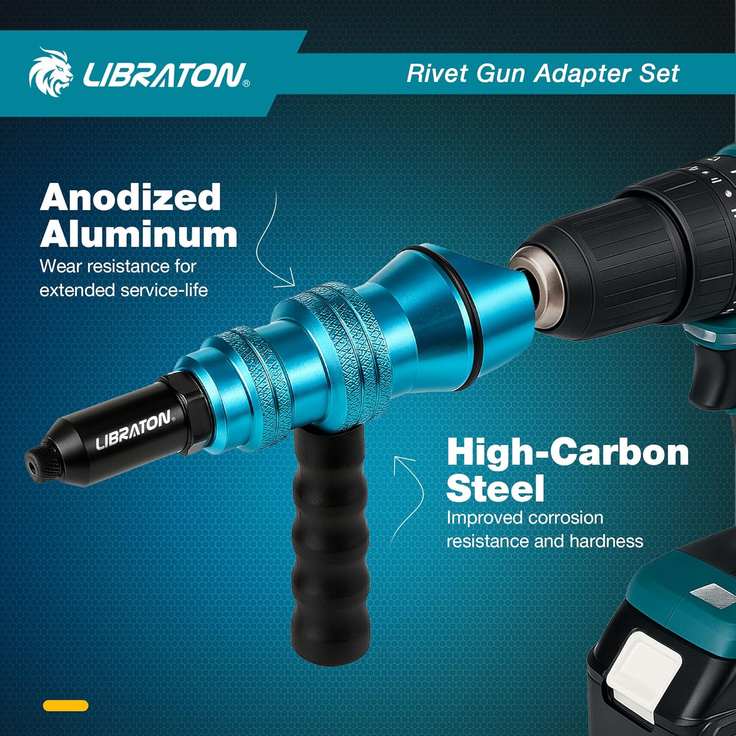 Libraton Rivet Gun Adapter, Rivet Gun Adapter for Electric Drill, Rivet Drill Attachment, for Cordless Electric Power Drill, with Handle, Easy processing for Pop Rivets, 3/32" 1/8" 5/32" 3/16"