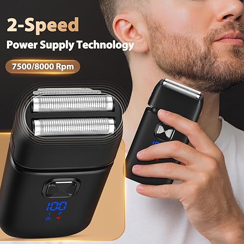 Miniatura 3 de Maquinilla de afeitar eléctrica para hombres, afeitadoras eléctricas con recortadora desplegable recargable, 2 velocidades ajustables, bloqueo de