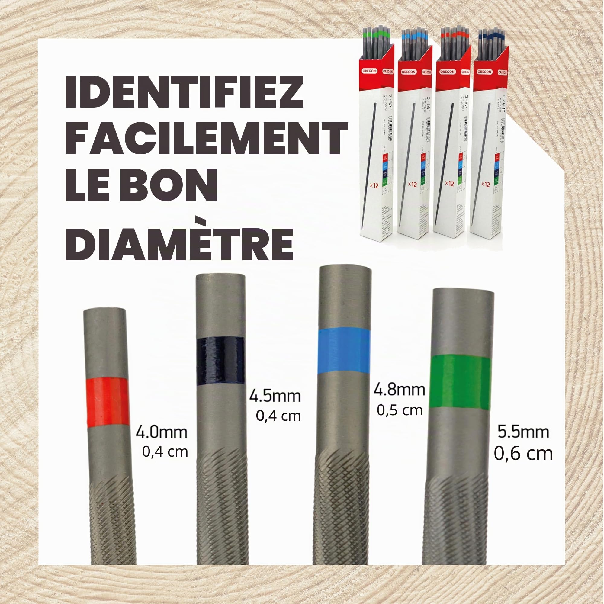 OREGON - Limes pour Tronçonneuse, Lot de 12x Limes Rondes de 4,0 mm de Diamètre, Affûteuses pour Chaîne de Tronçonneuse, Design à Coupe Double, d'Affûtage de Qualité Professionnelle