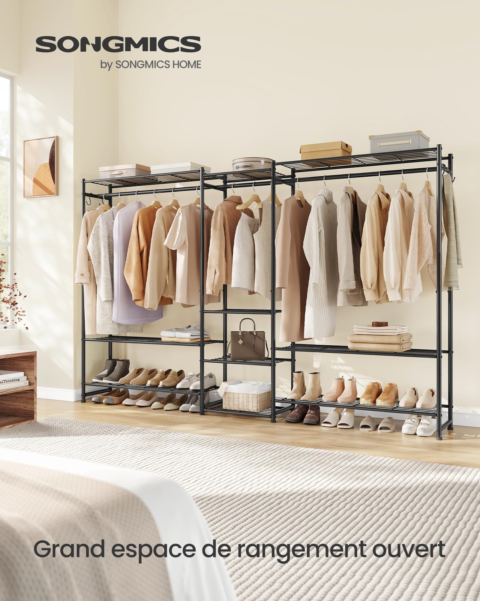 SONGMICS Portant à Vêtements, Dressing Ouvert, Portemanteau, avec 10 Étagères, 3 Tringles, 4 Crochets en S, Cadre en Métal, pour Chambre, Salon, Entrée, Noir LGR011BZ01