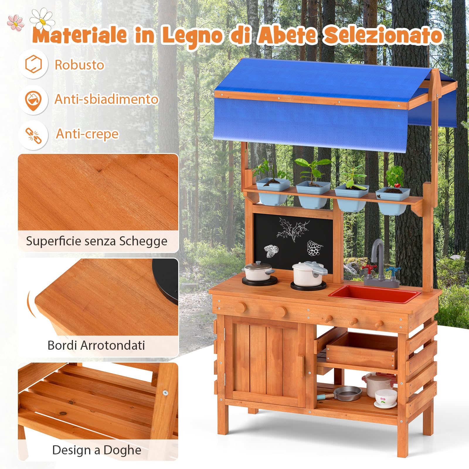 RELAX4LIFE Cucina Giocattolo per Bambini, Cucina da Esterno in Legno con Lavagna, Fornelli, 4 Vasi per Piante, Tenda Regolabile in Altezza, Gioco d'imitazione per Bambini 3+ Anni