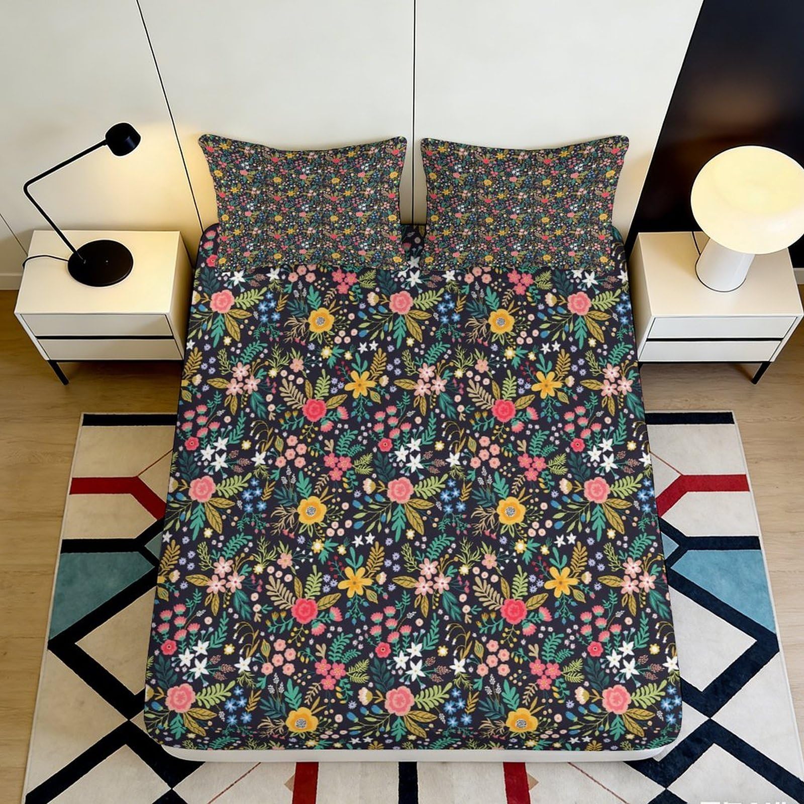 3D Printed Botanical Garden Fitted Sheet Microfiber Floral Meadow Mattress Cover for Bedroom Dorm Easy Care 90x200x25cm
