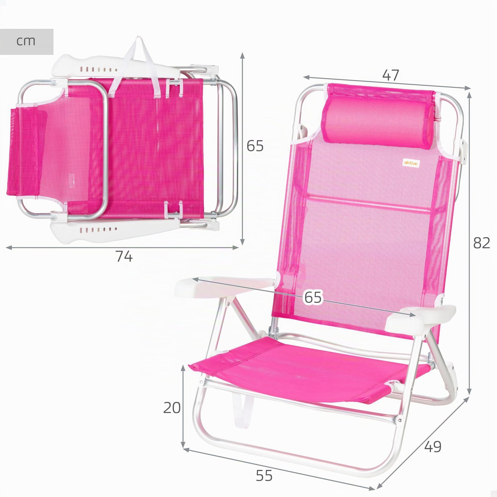 AKTIVE Chaise de Plage Pliable Basse, rayée, Mesure 47 x 49 x 82 cm, Multiposition, 8 Positions, textilène et Aluminium, Poids supporté 110 kg, poignée de Transport, chaises rembourrées (62685)