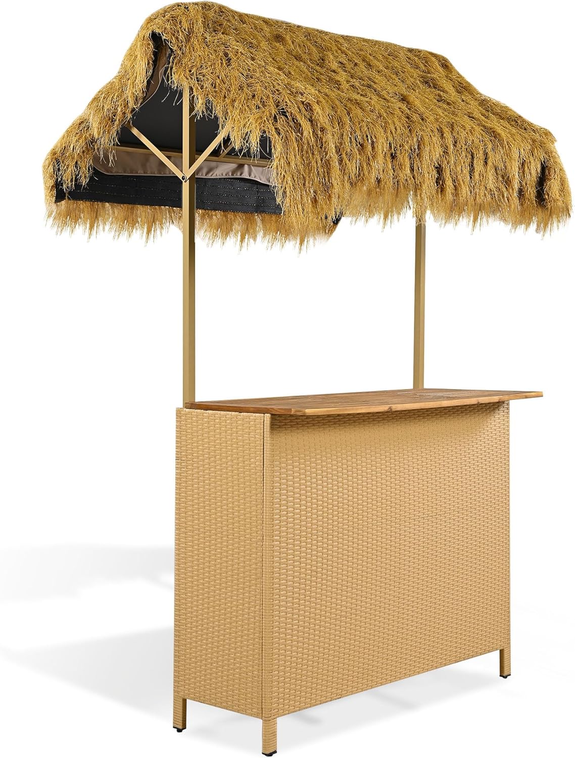 Merax 3 Piece Patio Bar Set, Outdoor Rattan Bar Table and 2 Stools with PE Grass Canopy, 2-Tier Storage, Outdoor Bar Table and Stools with Adjustable Feet, Outside Wicker Conversation Set