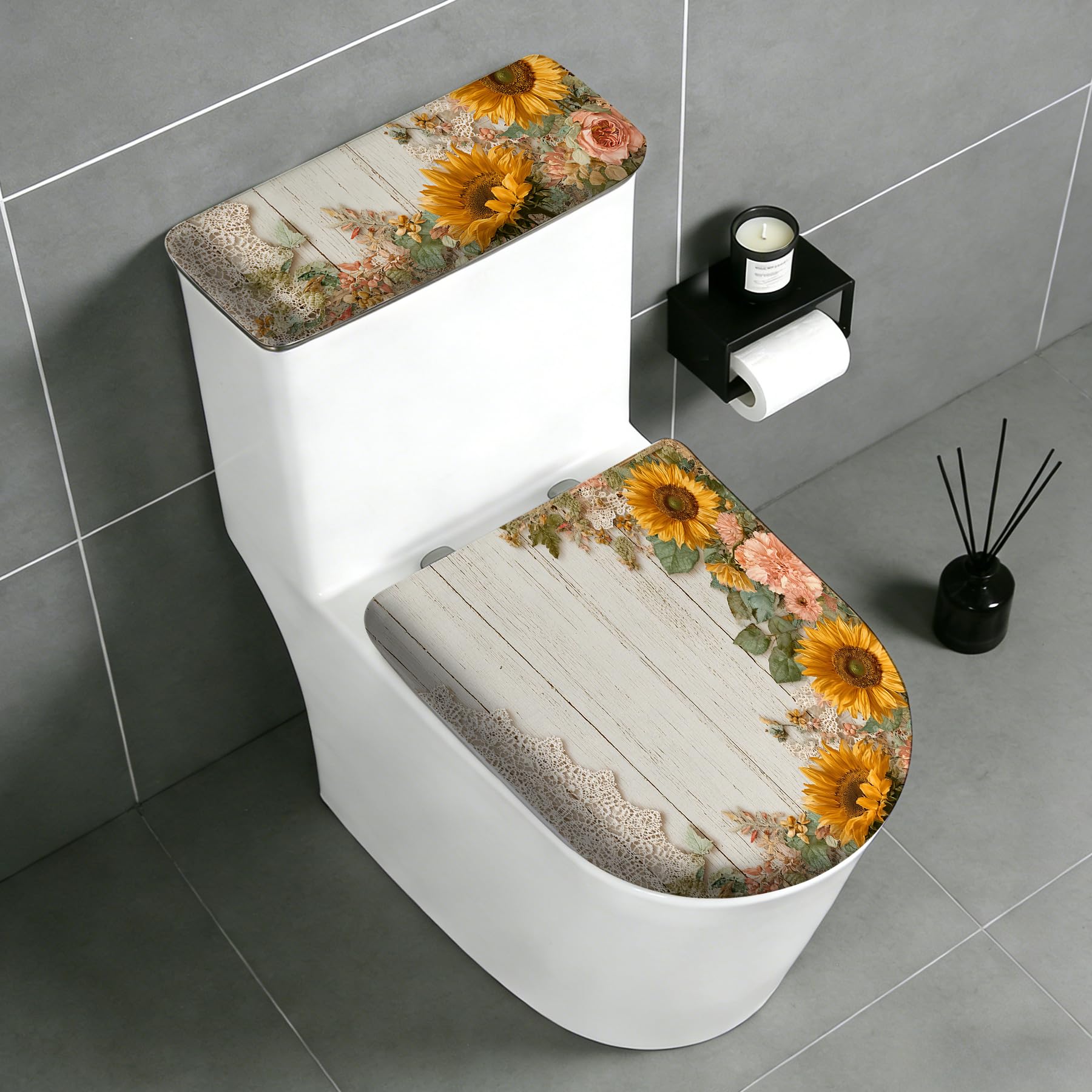 Photo 1 of 2 Pcs Toilet Lid Cover and Toilet Tank Lid Cover Set, Soft Stretchable Bathroom Covers, Fits Round and Elongated Toilet Seats, Washable and Decorative