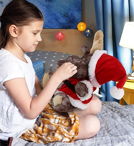 Miniatura 7 de DolliBu Juguete de peluche de alce sentado de Papá Noel, disfraz de felpa suave con traje de Papá Noel rojo, bonito regalo de vida silvestre,