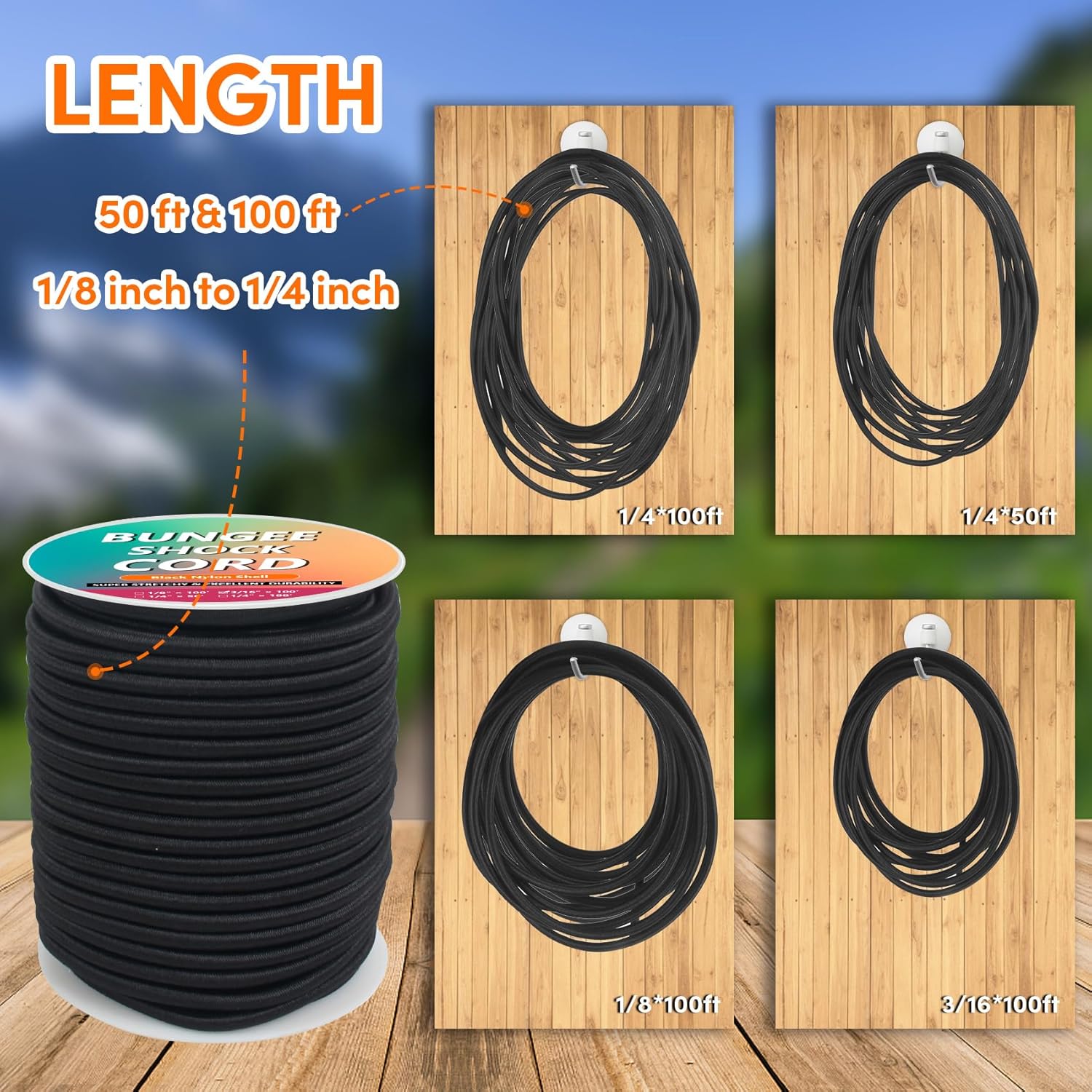 3/16" x 100' Bungee Shock Cord Strong Bungee Cord Roll Black Kayak Bungee Cord Elastic Nylon Cords for Camping, Tents, Cargo, Awning Kayak Stretch String Rope, Marine Grade
