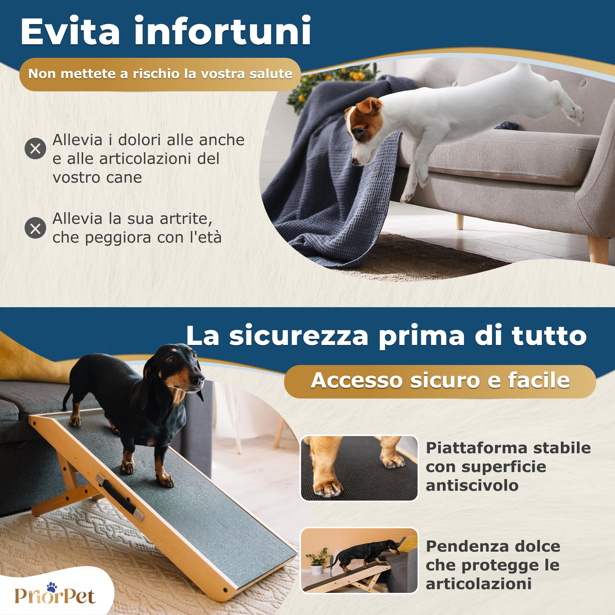 Rampa per Cani Piccoli o Grandi - Regolabile 18-53 cm - Per Letto e Divano - Legno di Betulla - La Piattaforma Si Collega Perfettamente - Rampa Pieghevole - Naturale