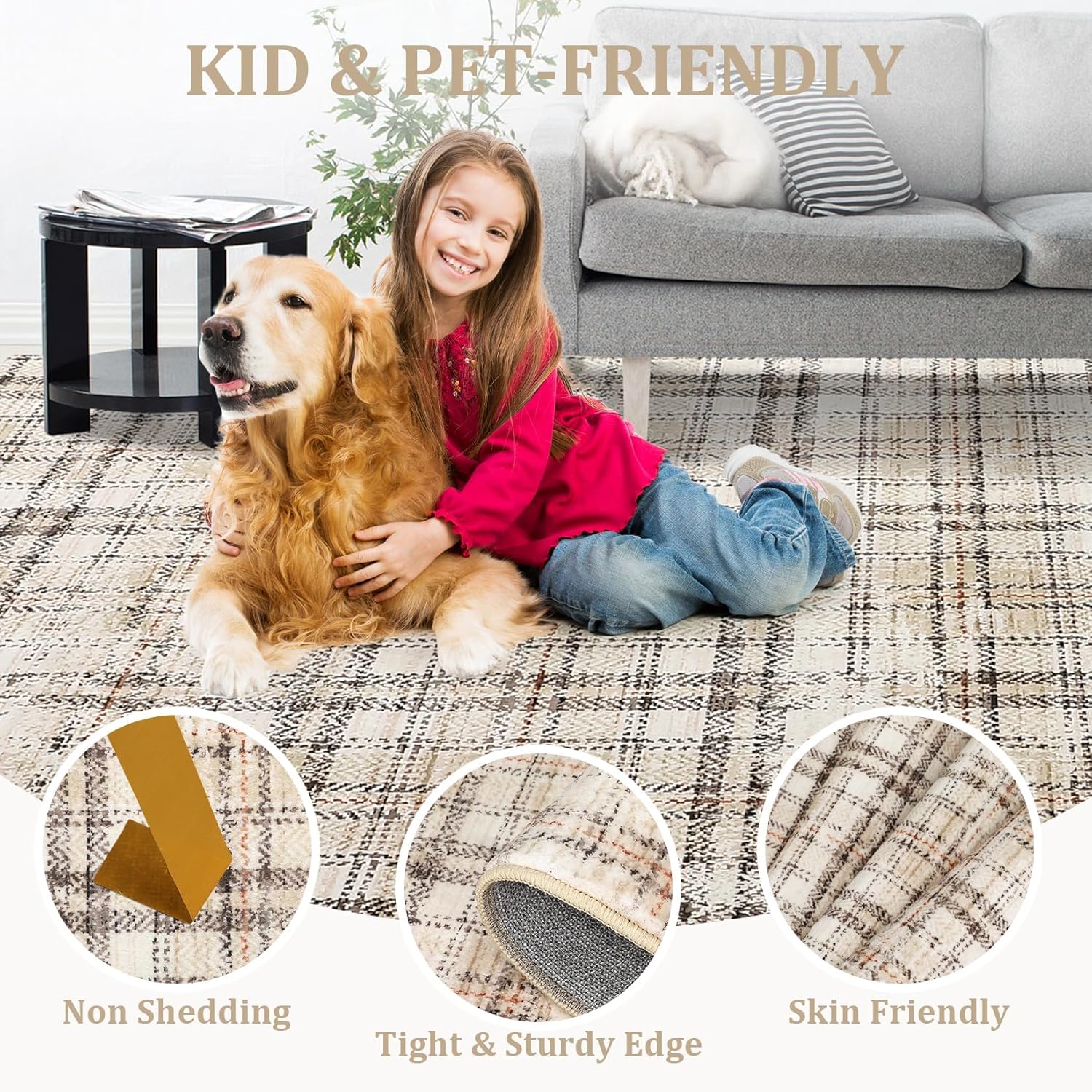 Large Area Rug 9x12 Plaid Rug Washable Rugs for Living Room Non Slip Soft Farmhouse Non-Shedding Carpet Indoor Low Pile Foldable Rugs for Bedroom Dining Room Nursery Playroom Beige