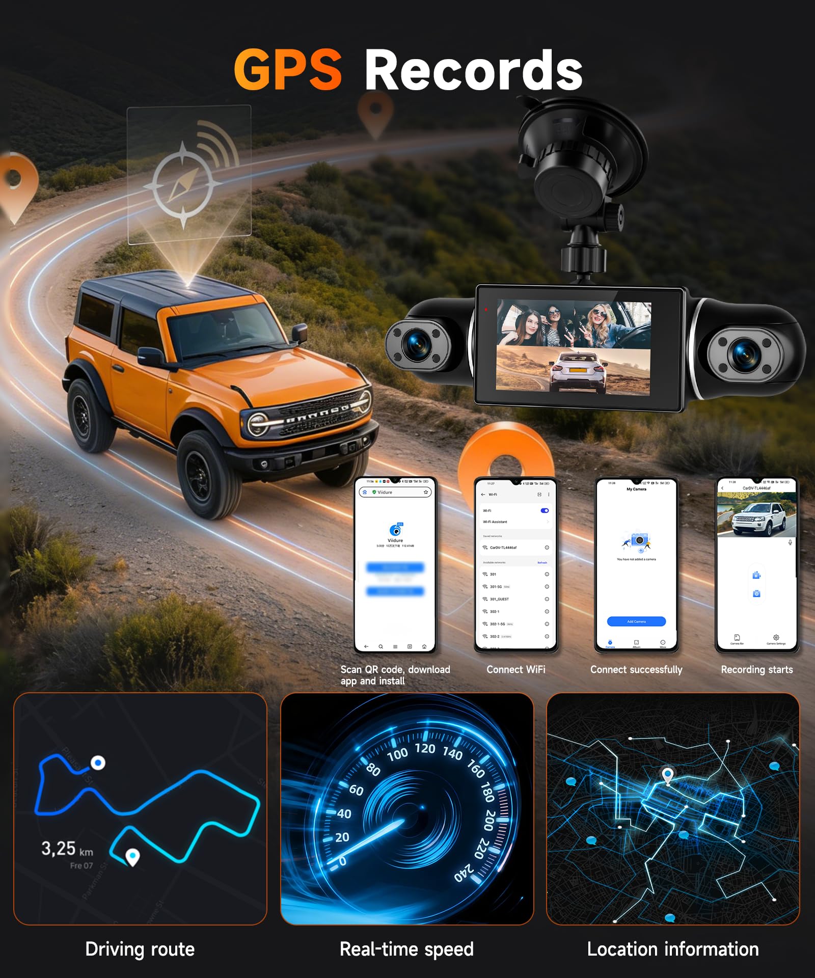 VECHTEL 2K/1080P Dashcam per auto anteriore e posteriore con WiFi, 4* Dash Cam Telecamera per auto con schermo IPS da 3 pollici,visione notturna,sensore G,protezione a 360 gradi,Con 64GB SD Card