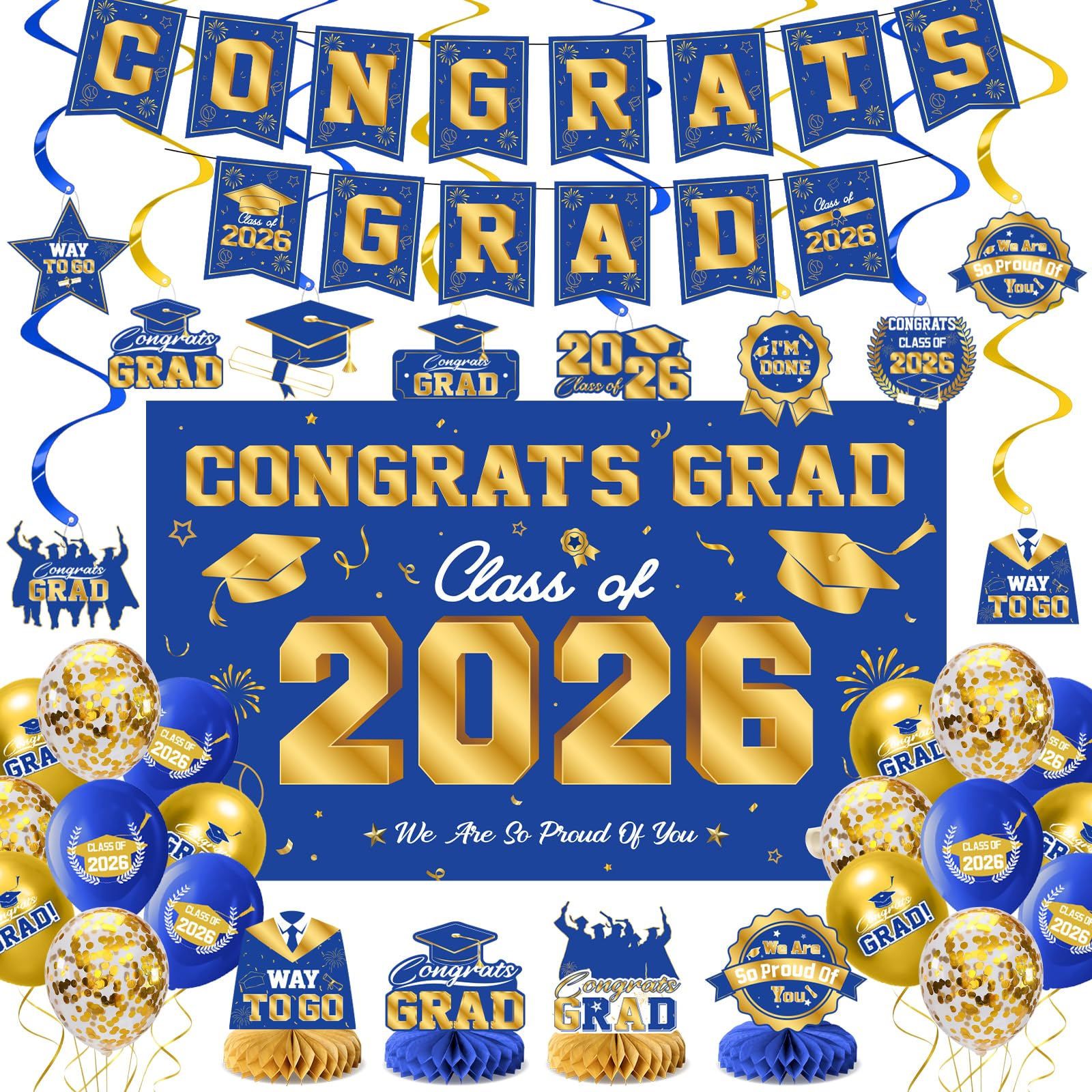 Graduation Decorations 2026-Blue and Gold Graduation Party Decorations Supplies Class of 2026 with Banner, Backdrop, Balloons, Cupcake Toppers,