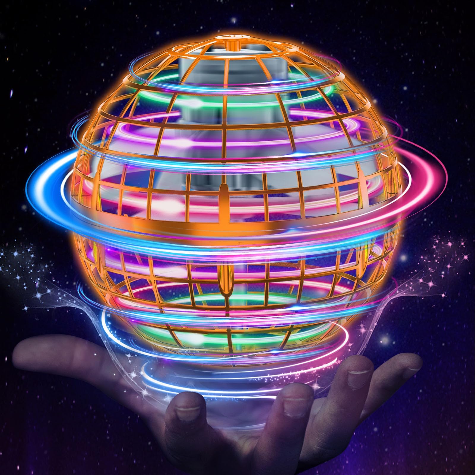 Flying Orb Ball Toys Hover Soaring Flying Toy Cosmic Globe Magic Boomerang Spinner Hand Controlled Mini Drone Cool Stuff Gift for 6 7 8 9 10+ Year Old Kids Boys Girls Outdoor Indoor (Orange)