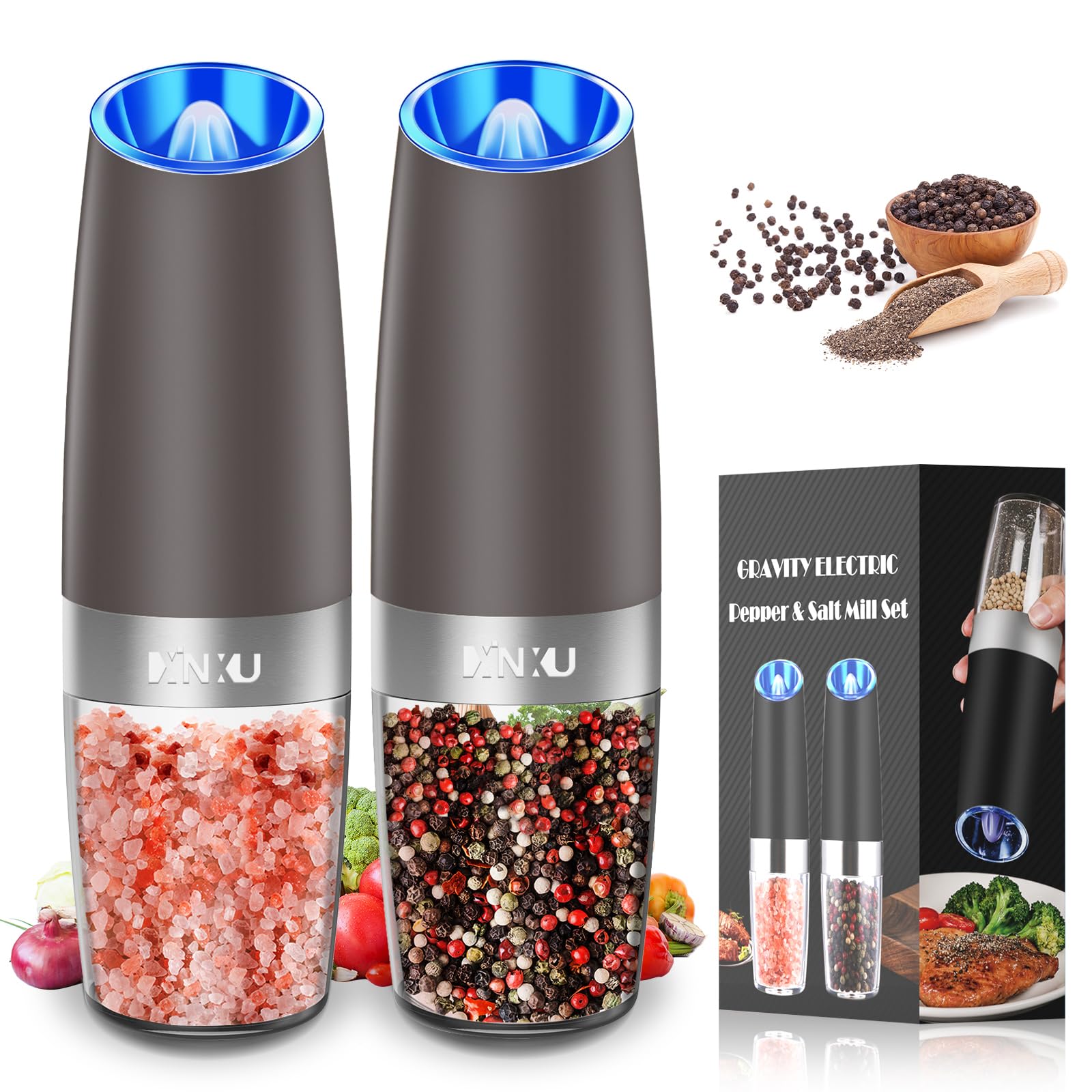 XinXu Gravity Electric Salt and Pepper Grinder Set, Automatic Mill Grinder Shaker,Battery-Operated, Adjustable Coarseness, Stainless Stee, LED Light, One Hand Operated,Brown