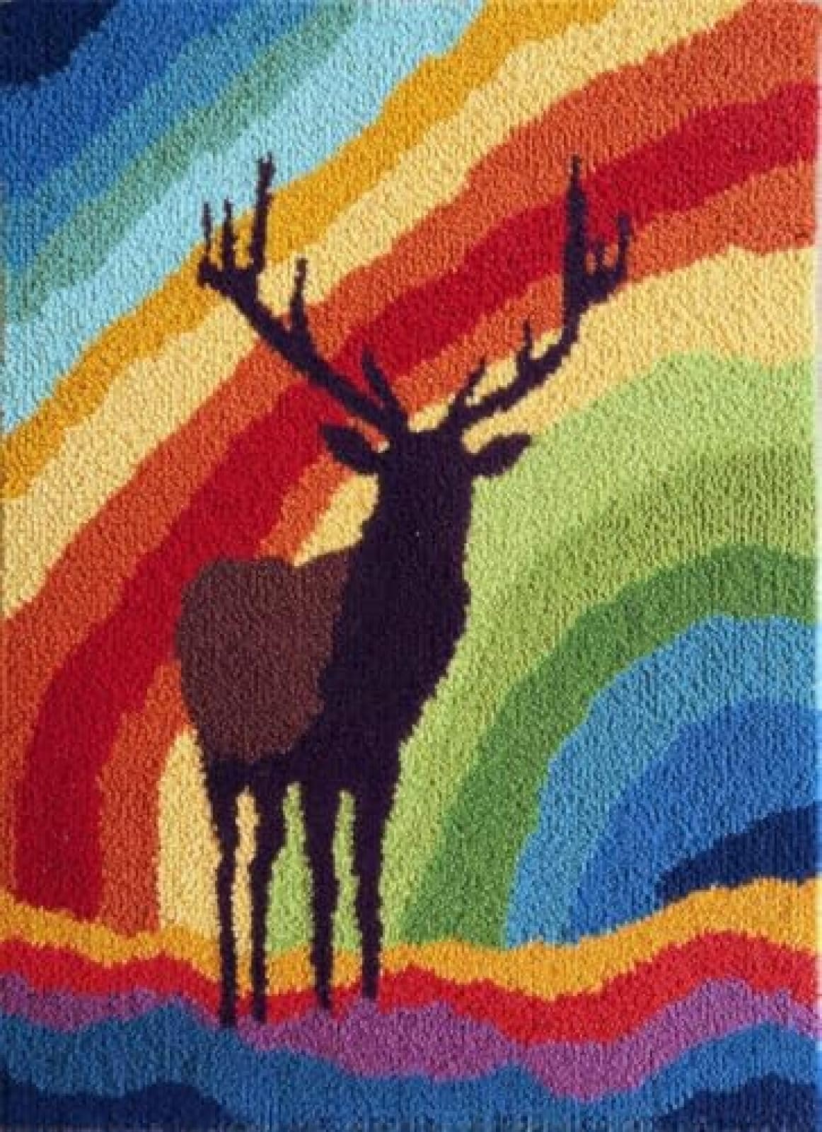 XDEGHUANGSS Latch Hook Rug Kit Elk and Rainbow Background with Pre-Printed Mat Cover DIY Cushion Crochet Yarn Hooking Craft Set for Floor Decor 38x52cm-4