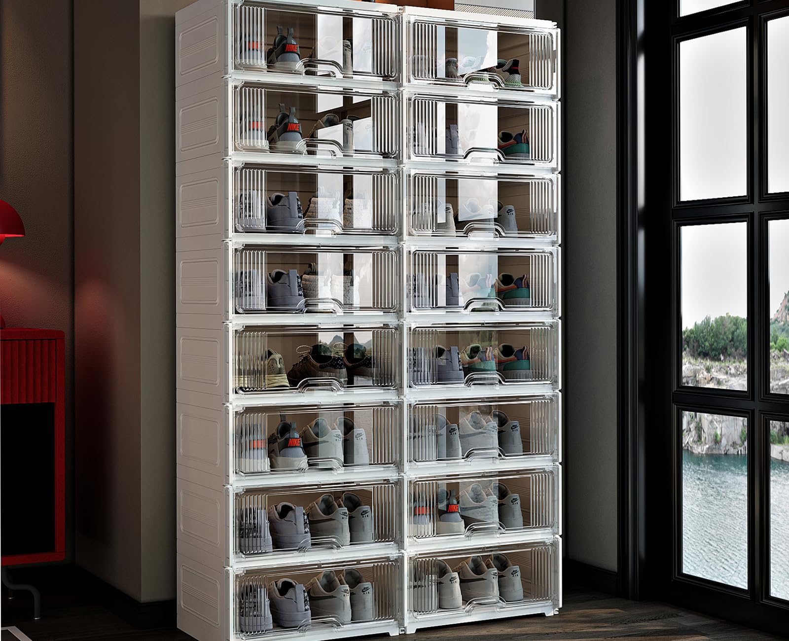 Photo 1 of MAGINELS Shoe Storage Cabinet with Doors, Large Foldable Shoe Rack for Entryway and Closet, Clear Stackable Shoe Box Organizer, Portable Enclosed Shoe Shelf for Sneakers and Boots, 8Tier