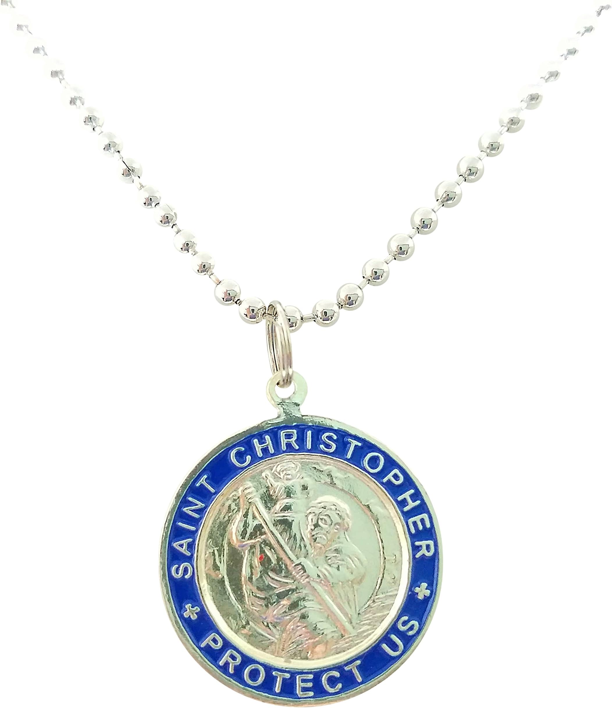 St. Christopher Surf Necklace, Large Pendant, Silvertone with Navy Blue Rim, 23 Inch Ball Chain