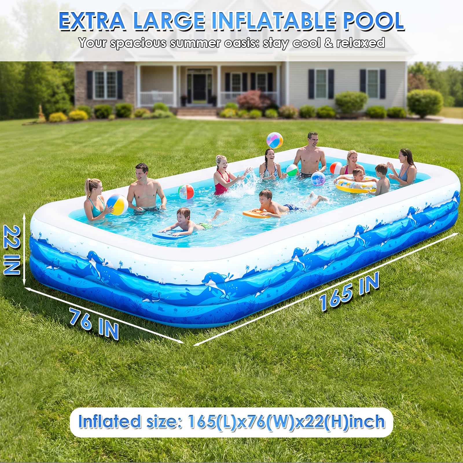 Piscine gonflable extra large pour adultes, 165 x 76 x 22 pouces, piscine gonflable pleine grandeur avec PVC de 0,6 mm et joli imprimé animal, grande piscine familiale pour jardin, fête