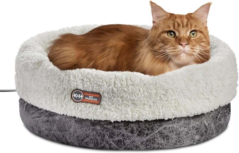 K&H Heated Cat Bed, Thermo-Snuggle Cup Bomber Indoor, Safety Listed, 18x14 | removable Waterproof Cat Heating Pad, Soft Pet Bed for Large Indoor Cats and Small Dogs, Machine Washable, 4 W, Gray