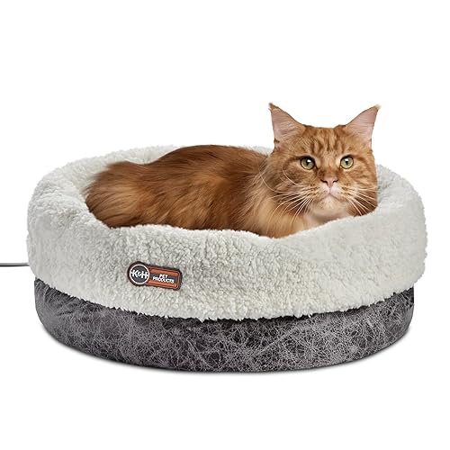 K&H Pet Products Heated Cat Bed Indoor, Thermo-Snuggle Cup Bomber Soft Heated Pet Bed for Large Indoor Cats and Small Dogs, Machine Washable, Waterproof Heated Pad, Safety Listed - 18 X 14in Gray - Gray - 14 X 18 Inches - Cup Bomber