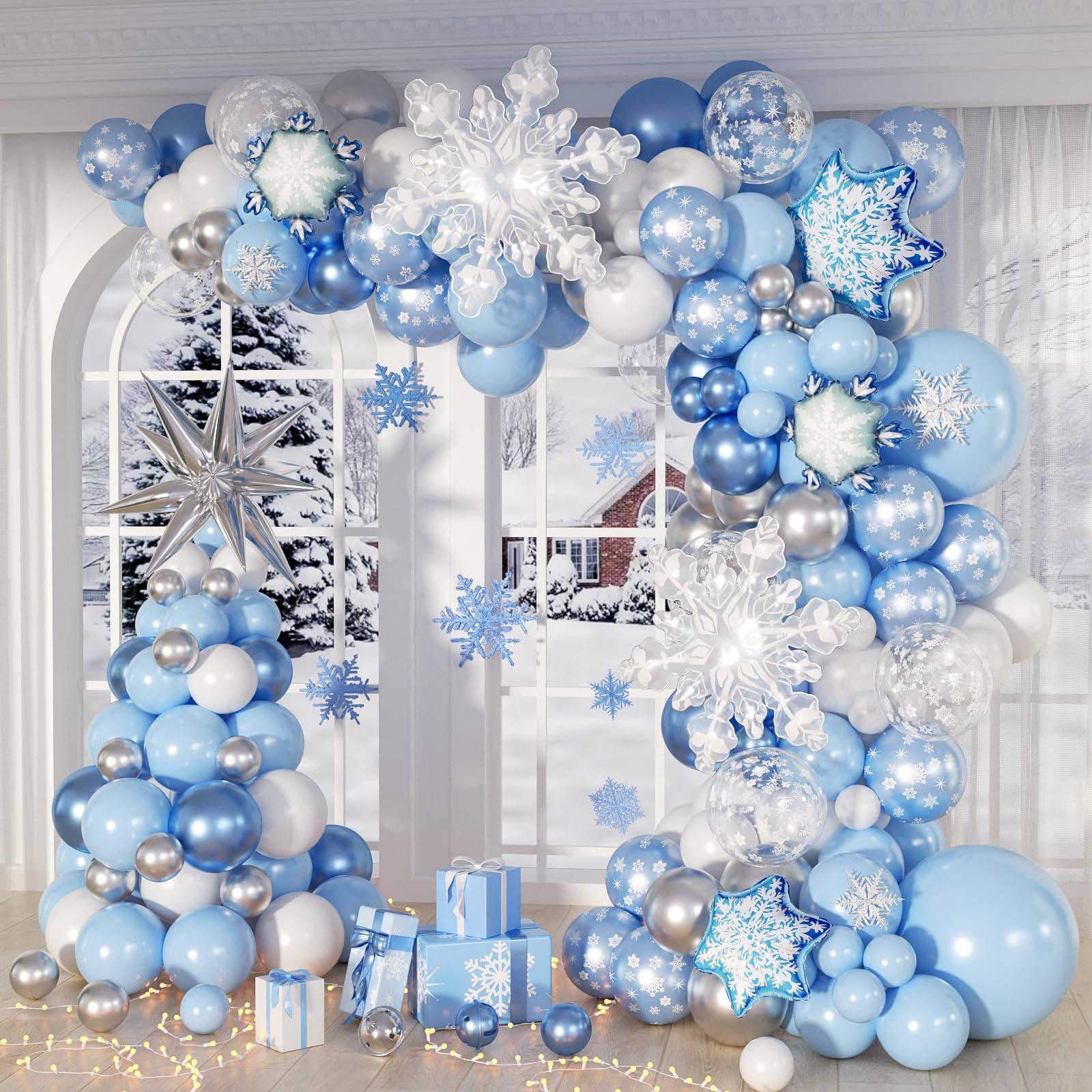 148pcs Blue Snowflake Balloon Garland Arch Kit, Blue Metallic Silver White Balloons with Snowflake Balloons for Birthday Christmas Baby Shower Winter Wonderland Party Decorations