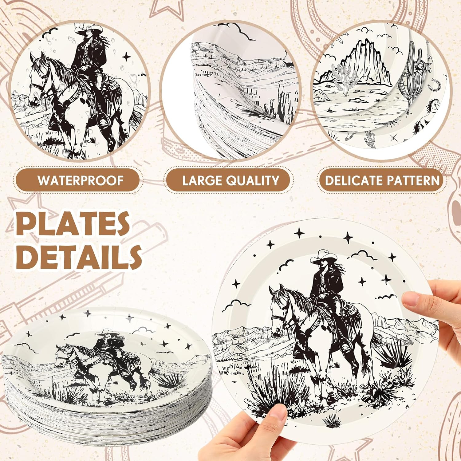 60 Pcs 7 Inch Western Cowgirl Cowboy Baby Shower Paper Plates Wild West Rodeo Decorations Tableware Dessert Dinner Plates for Rodeo Bachelorette and Birthday Party Supplies - Image 3
