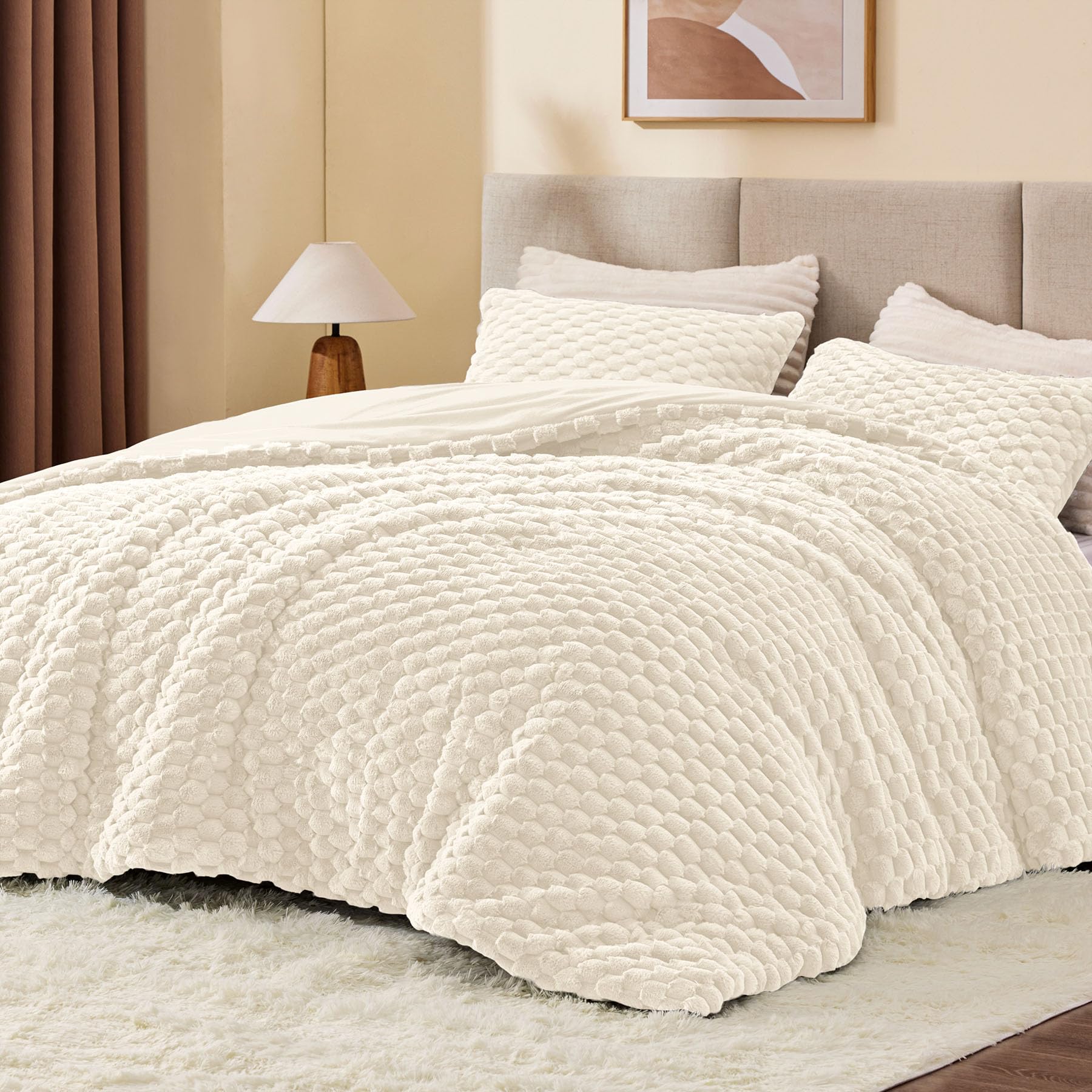 BEDELITE Fluffy Full Size Comforter Set, Cream Fleece Bed Set 3 Pieces | Soft &amp; Warm, Luxury Fuzzy Bedding for All Season, Cozy Room Decor Aesthetic, 1 Marshmallow Comforter with 2 Pillowcases