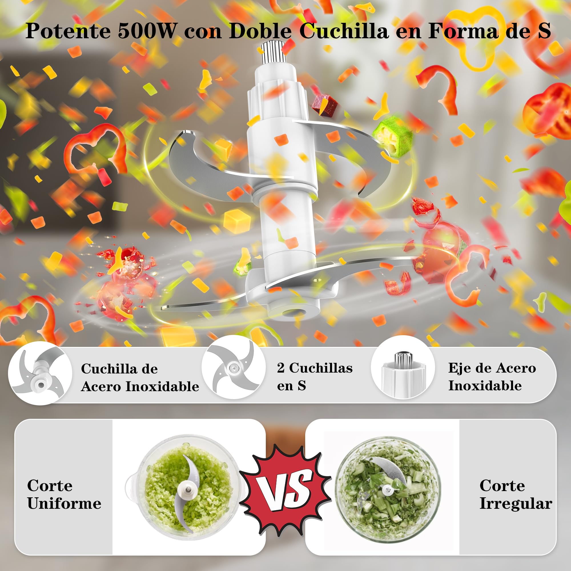 Picadora Eléctrica, 500W Trituradora de Alimentos, 2L Tazón Vidrio & Acero Inox, 4 Cuchillas, 2 Velocidades, con Motor Cobre Mini Food Processor Para Carne/Verduras/Cebolla/Frutas/Cocina
