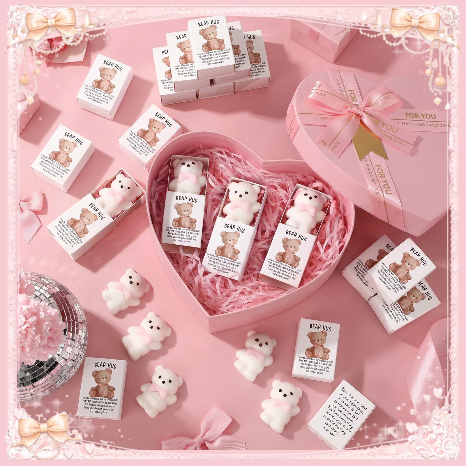 Set di 48 orsetti con fiocco rosa, idea regalo per feste