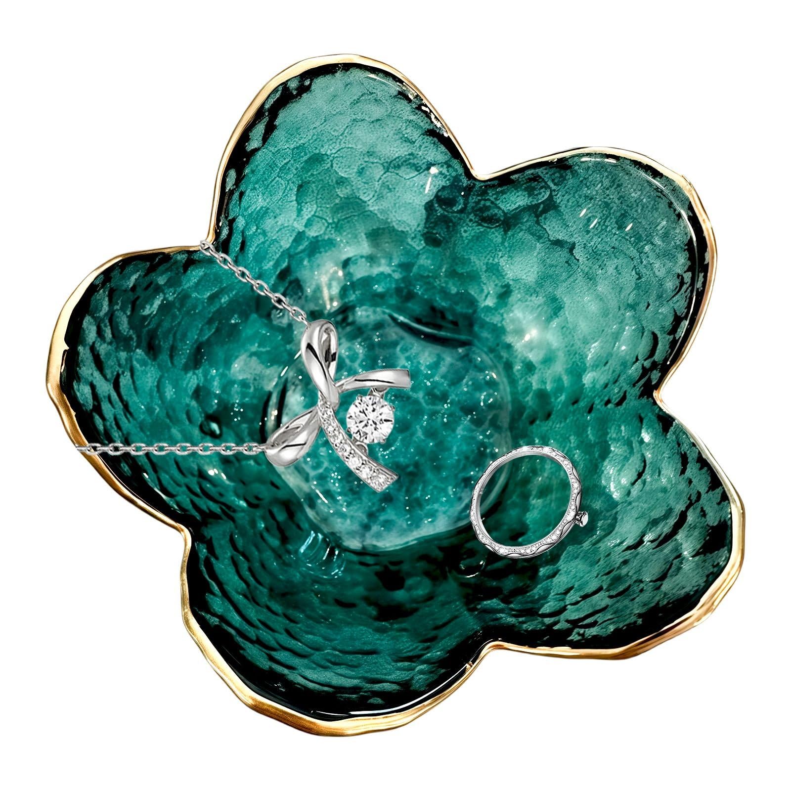 Small Green Flower Jewelry Dish, Glass Jewelry Ring Tray Trinket Bowl, Nightstand Decor Ring Holder for Women, Home Decor Gifts for Women, Wedding, Birthday, Mothers Day, Christmas, Thanksgiving