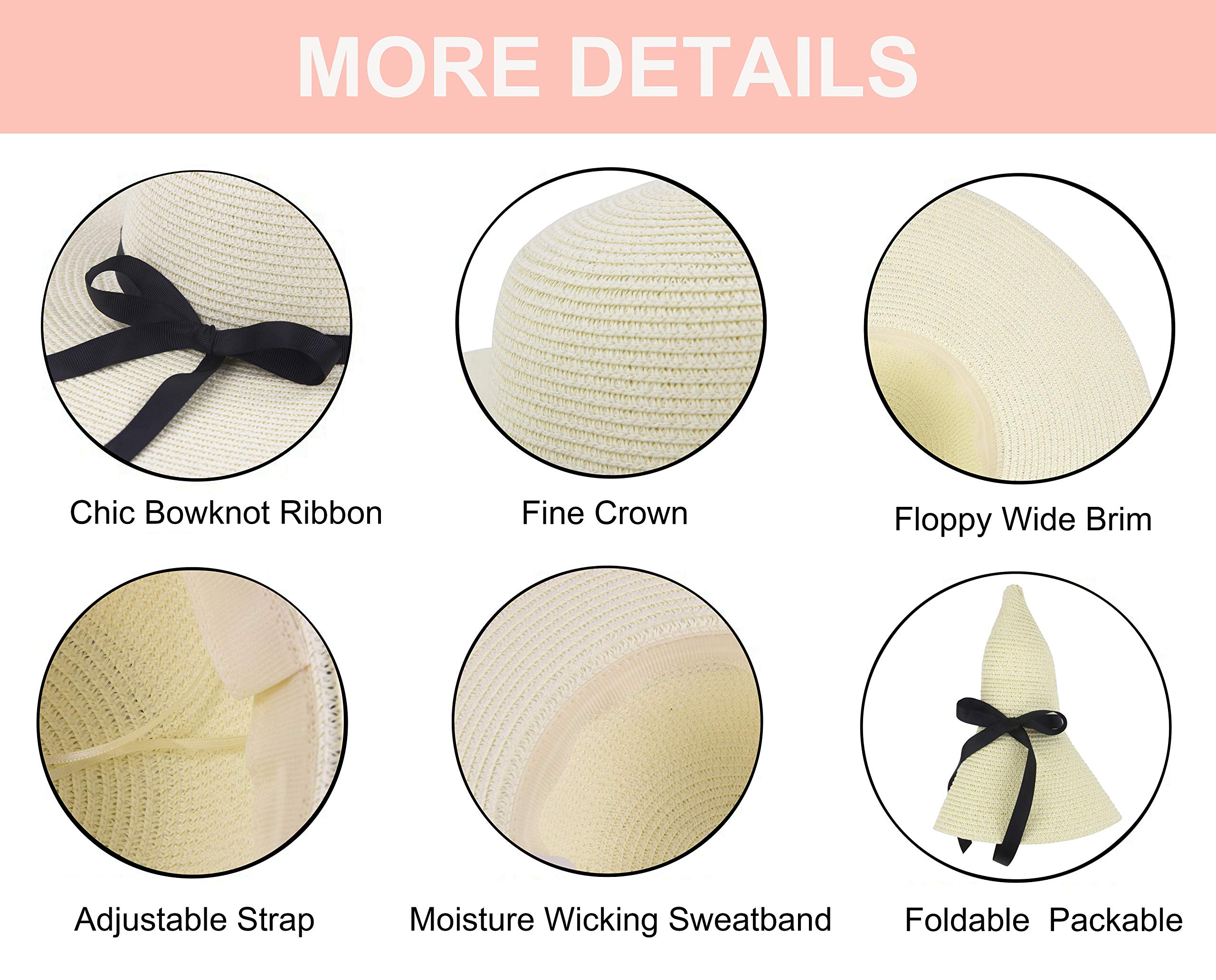 Muryobao Womens Wide Brim Straw Sun Hat Floppy Foldable Roll up Cap UPF 50+ Summer Beach Hats, White, One Size 3