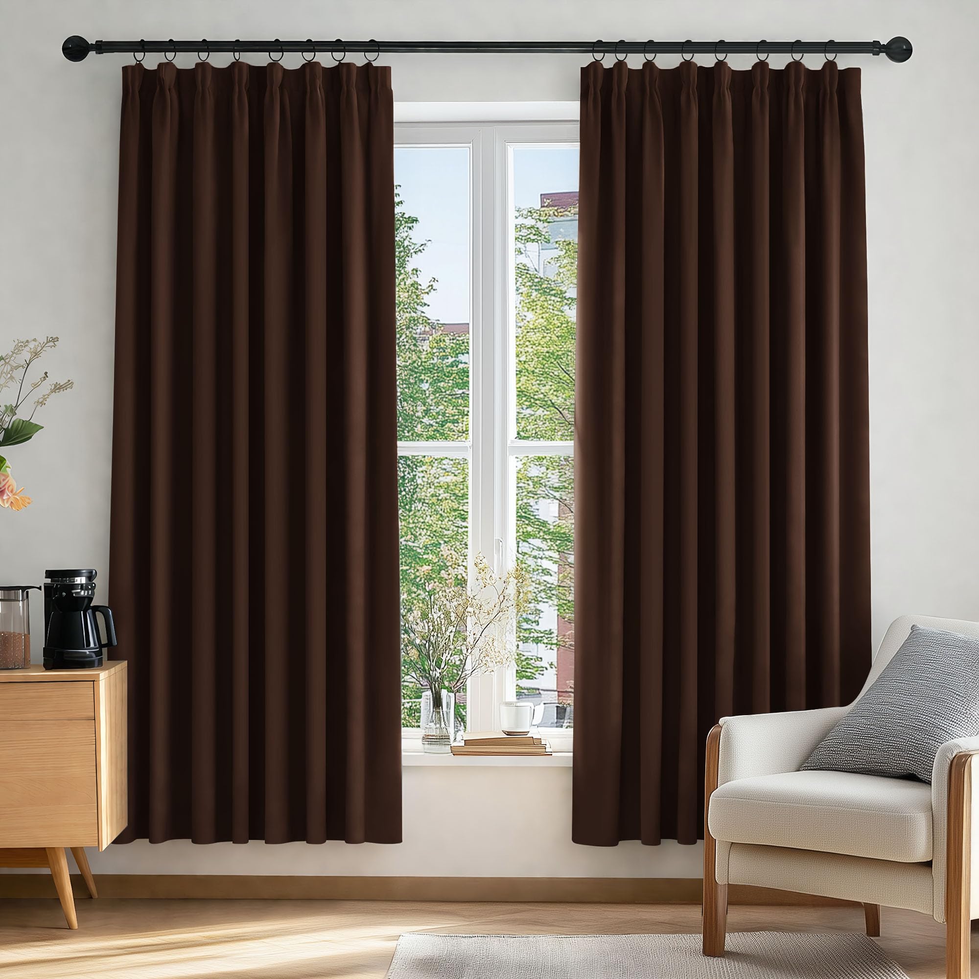Deconovo Chocolate Solid Thermal Insulated Curtains Pencil Pleat Blackout Curtains For Bedroom 66 X 72 One Pair