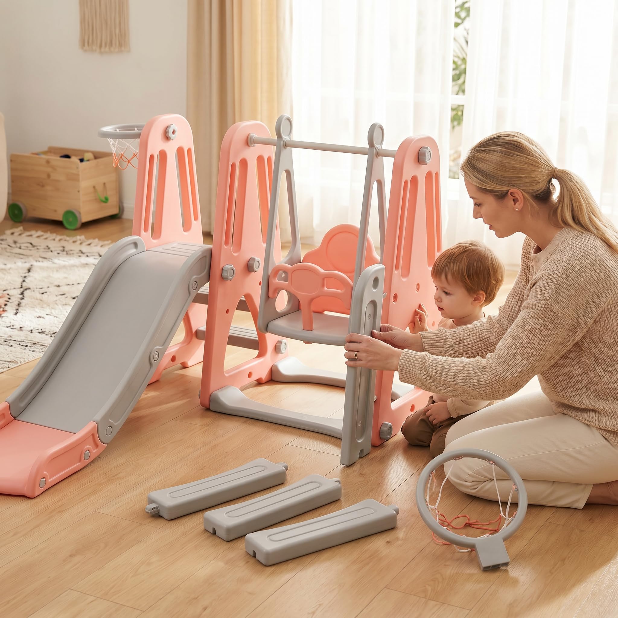 4 en 1 tobogán para niños, tobogán para bebés con anillo de baloncesto, toboganes, escaleras, columpios, tobogán multifunktionale interior y exterior para niños pequeños y preescolares (rosa)