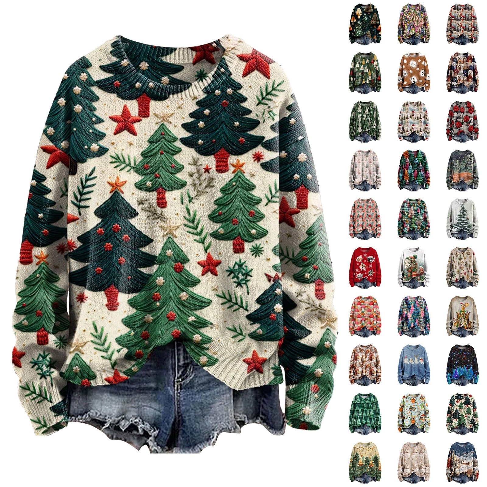 Sudadera navideña para mujer, sudadera con capucha con capucha con estampado 3D, camiseta de manga larga, cuello redondo, manga larga, sudaderas de Navidad, suéter de Navidad, sin capucha, tops