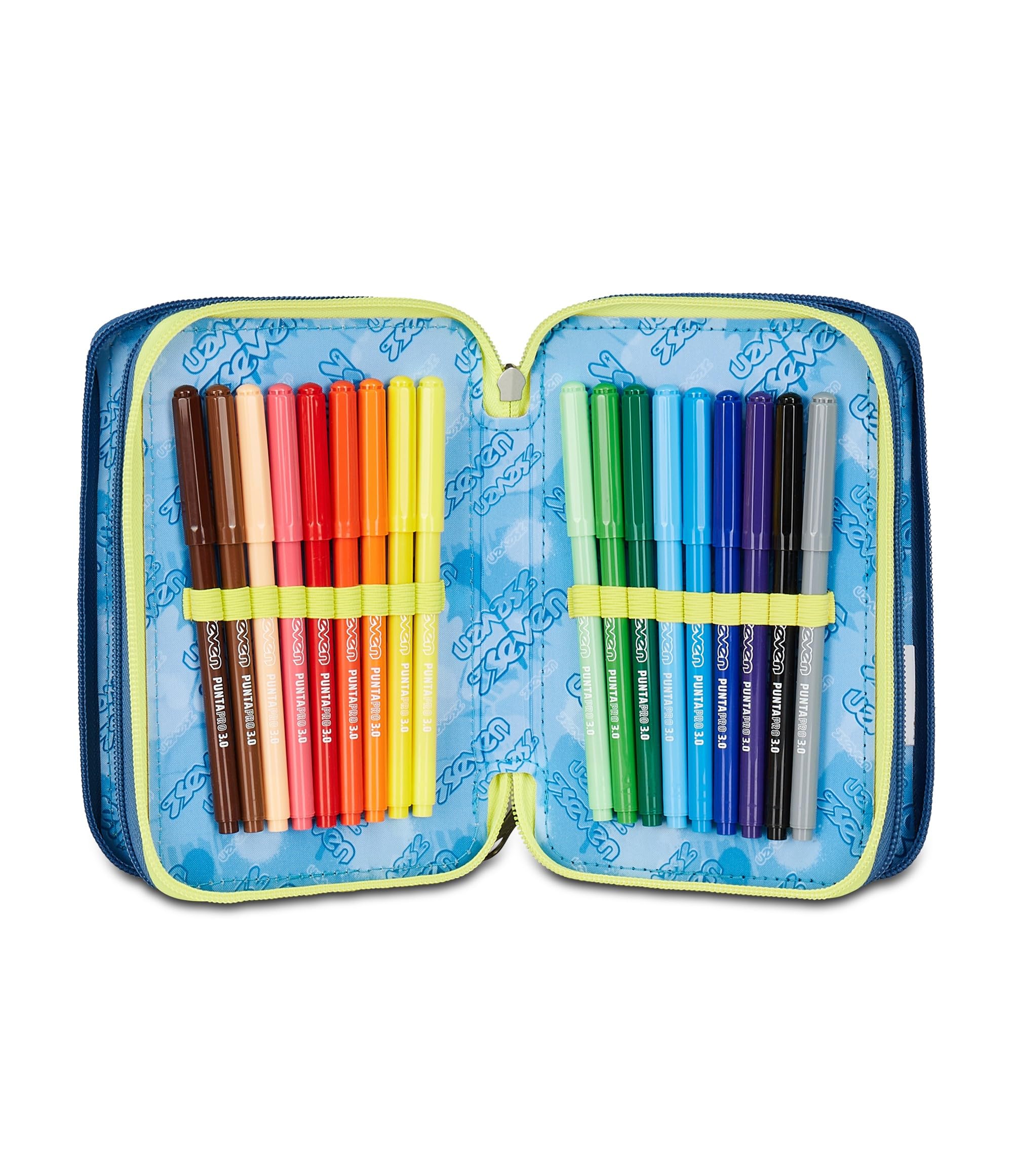 Seven Schulmäppchen mit 3 Reißverschlüssen, Grau, Federmäppchen, Dreifachfach, komplett mit Stiften, Bleistiften, Farben, Zubehör Rucksack, Grundschule, Kinder