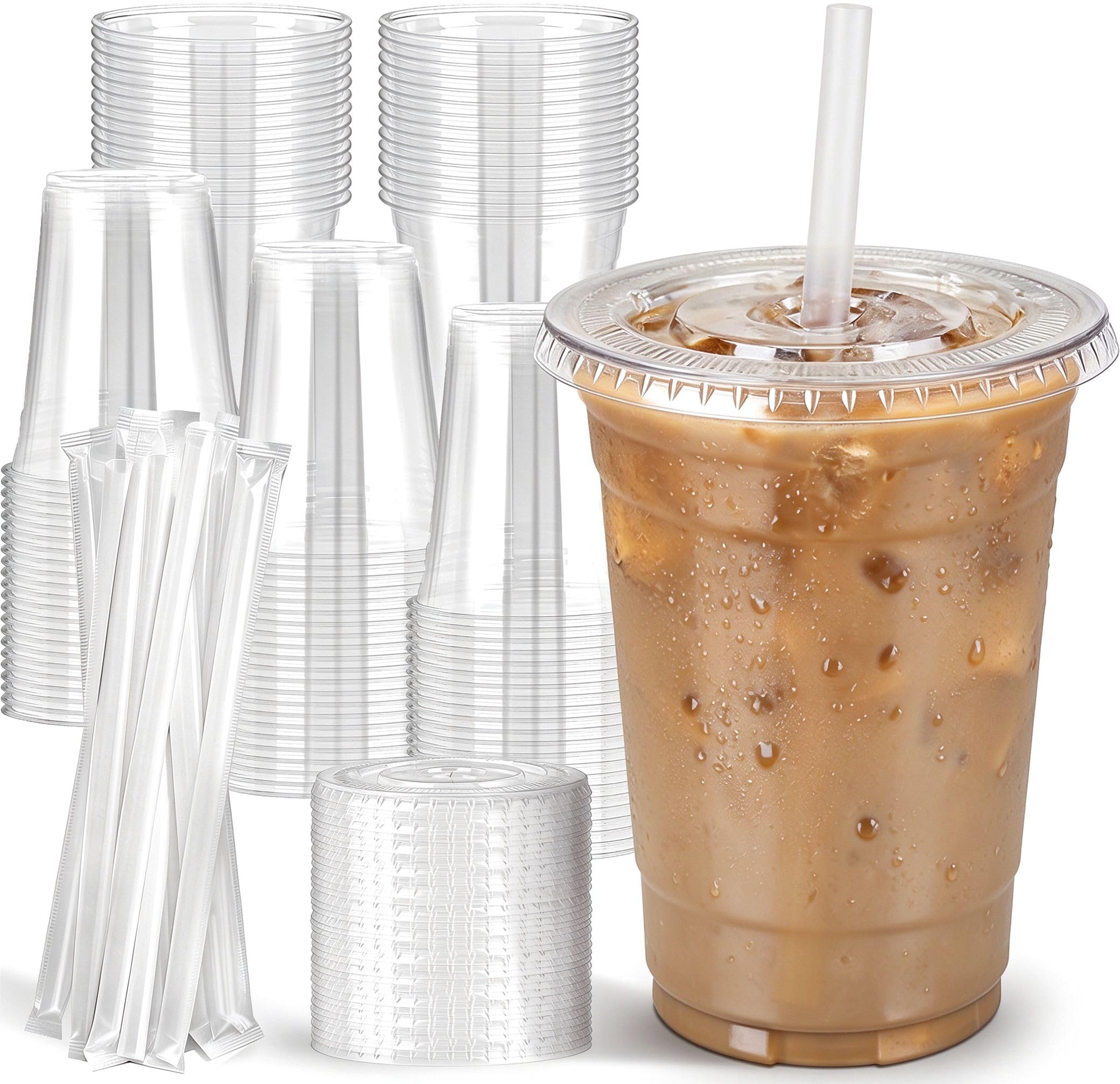 100 Pack 16oz Clear Plastic Cups with Lids and Straws