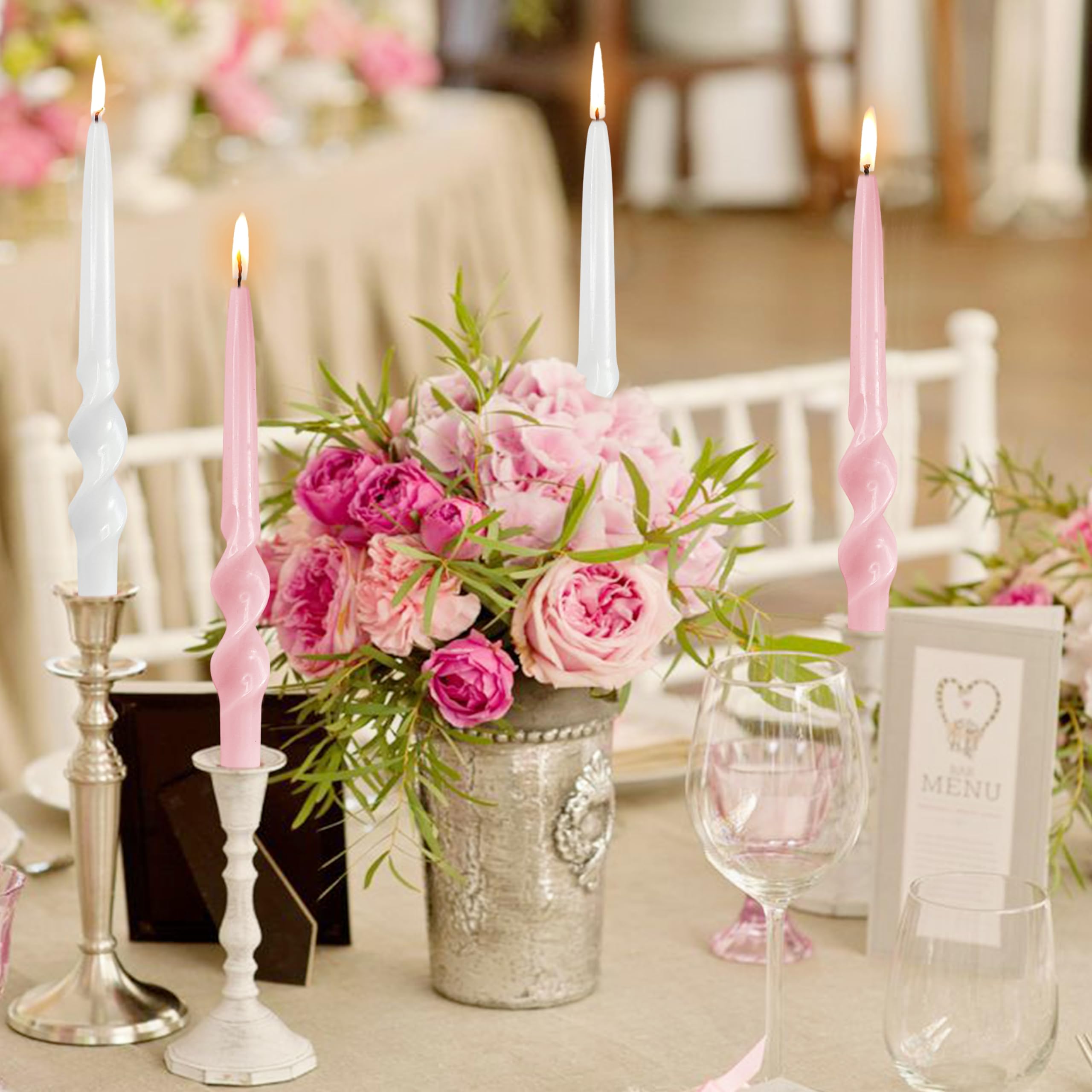 XINAOBAOLUO Pink Spiral Taper Candles, 10 Inch Pastel Twisted Candle Sticks Dripless Swirl Candlesticks Home Décor for Wedding Party Dinner Table, Set of 6