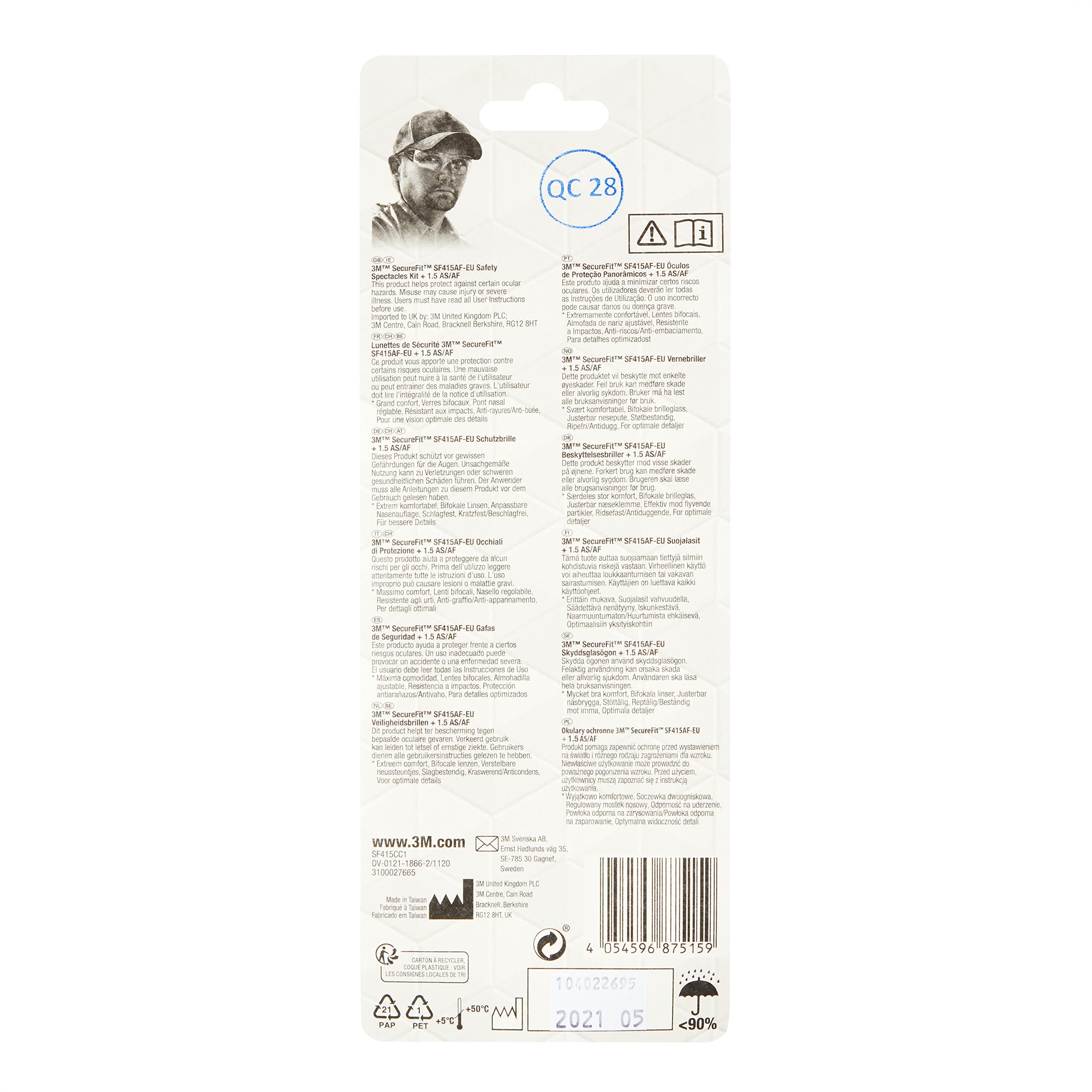 3M SecureFit SF415 Gafas de seguridad graduadas, +1,5 dioptrías, antirrayaduras, lente incolora, 1/PCK, 6PCK/CV