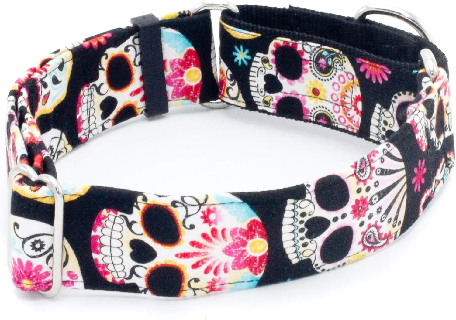 Caninus Collars Sugar Skulls Fiesta Dog Collar 1.5" - 2" Width Buckle & Martingale Candy Skulls, Day of The Dead, Mexican (Martingale w/Buckle Collar, XL - 2" Width)