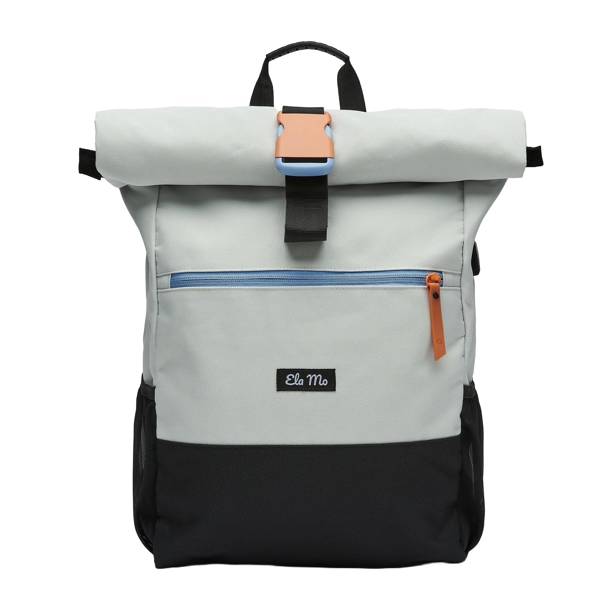 Ela Mo Rucksack Damen - Rolltop schön u. durchdacht - Laptop Rucksäcke für Frauen - Anti Diebstahl Tasche für Schule, Uni, Business (Lightgrey Orange Pop)