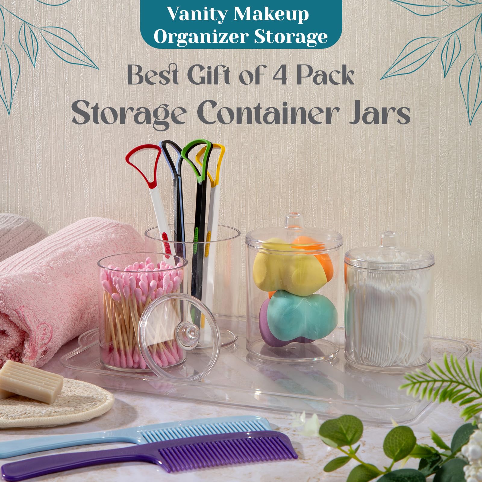 Qtip - Organizador de maquillaje de tocador, tarros de boticario de plástico transparente con tapas, dispensador de hisopos de algodón para baño, 2 x 10 onzas y 2 x 7 onzas, paquete de 4,