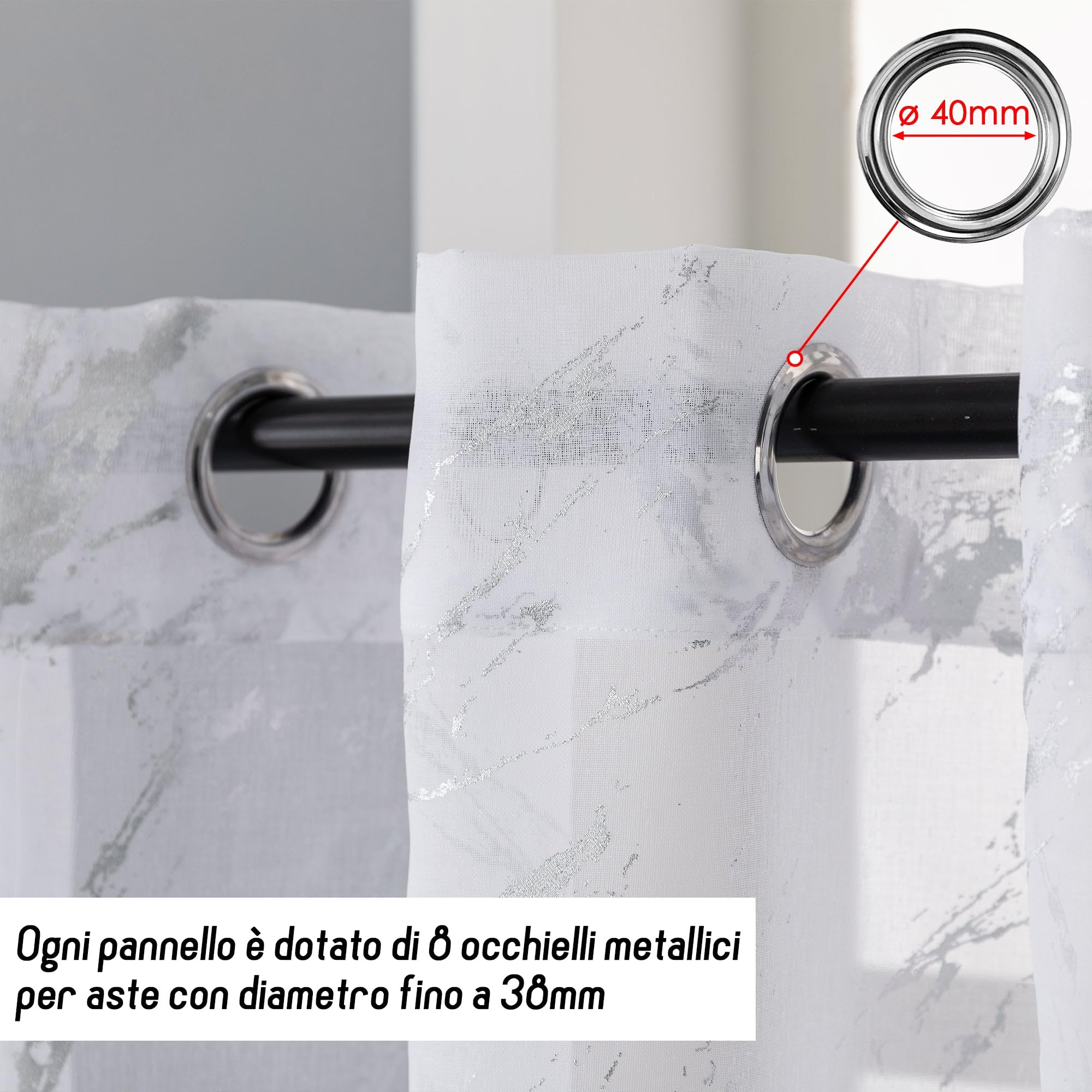 GIRASOLE HOME Coppia Tende Favignana Filtranti Fantasia Argentata Effetto Marmo 2 Pannelli da 140x150cm con Occhielli, Bianco