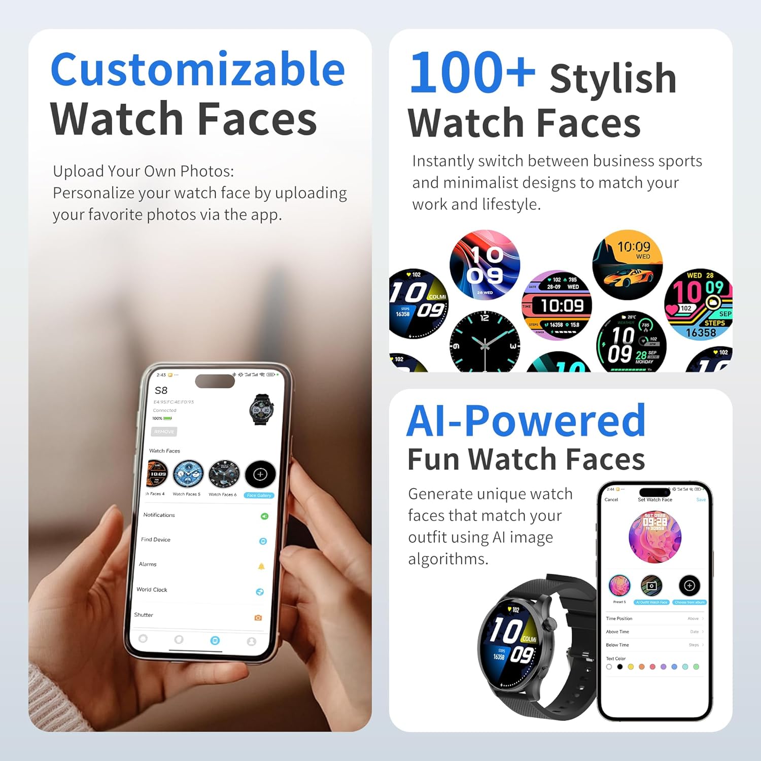 EZON Smart Watch S8 displaying various customizable watch faces